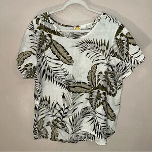 C&C California linen Olive and White Leaf Print Top